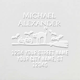 Pumpkins Broom Bats Cat Halloween Name Address Embosser