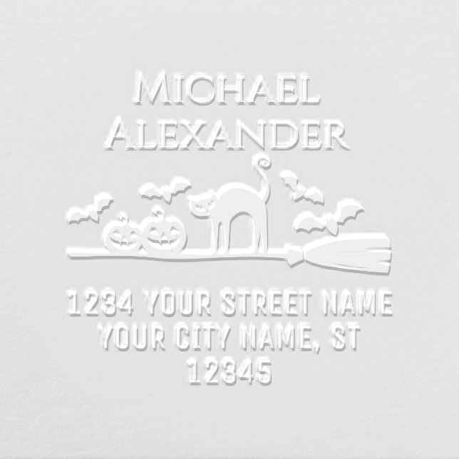 Pumpkins Broom Bats Cat Halloween Name Address Embosser (Design)