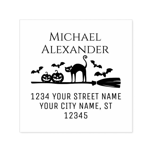 Pumpkins Broom Bats Cat Halloween Name Address Self-inking Stamp (Design)