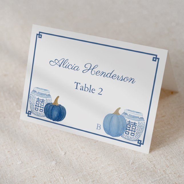 Pumpkins Chinoiserie Blue White Wedding Place Card (Individual place card design featuring blue pumpkins, ginger jars and navy blue and white Greek Key)