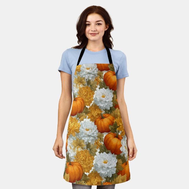 Pumpkins & Chrysanthemums Fall Design Apron (Worn)