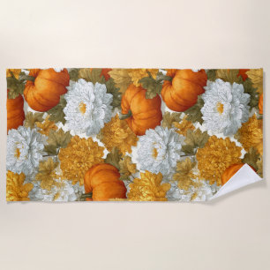 Pumpkins & Chrysanthemums Fall Design Beach Towel
