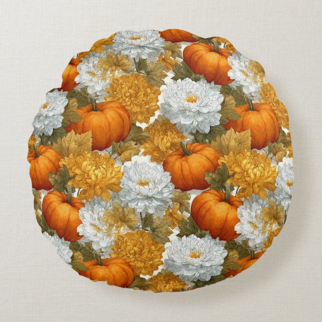 Pumpkins & Chrysanthemums Fall Design Round Pillow (Front)