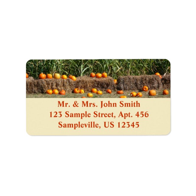 Pumpkins, Corn and Hay Autumn Harvest Photography Label (Front)