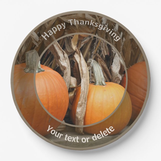 Pumpkins Cornstalks Personalized Fall Thanksgiving Paper Plates (Front)