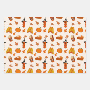 Pumpkins, Cozy Sweaters, and Fall Leaves Design Wrapping Paper Sheets