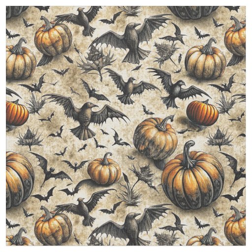 Pumpkins, Crows, and Bats Halloween Pattern (2) Fabric