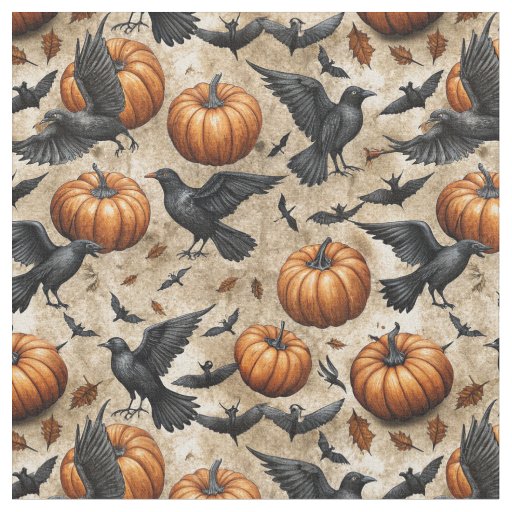 Pumpkins, Crows, and Bats Halloween Pattern Fabric