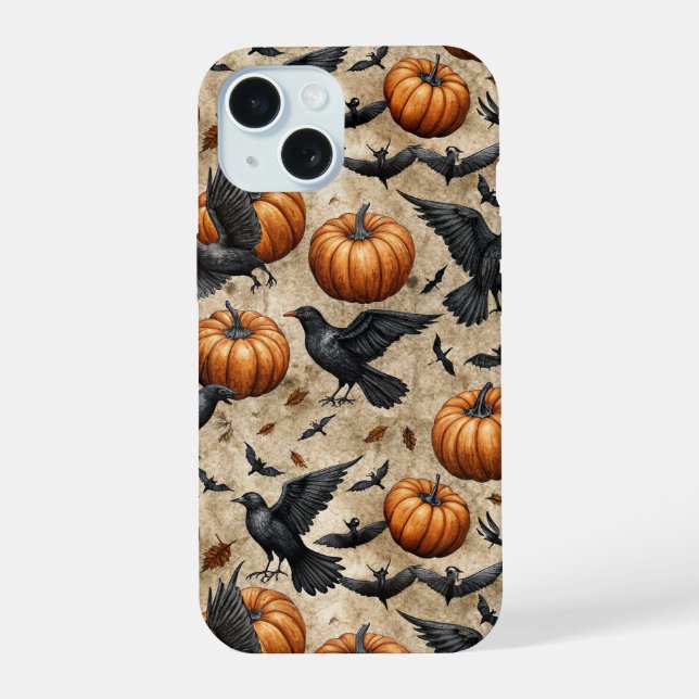 Pumpkins, Crows, and Bats Halloween Pattern Iphone Case (Back)