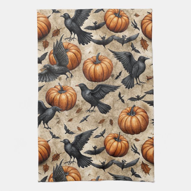 Pumpkins, Crows, and Bats Halloween Pattern Kitchen Towel (Vertical)