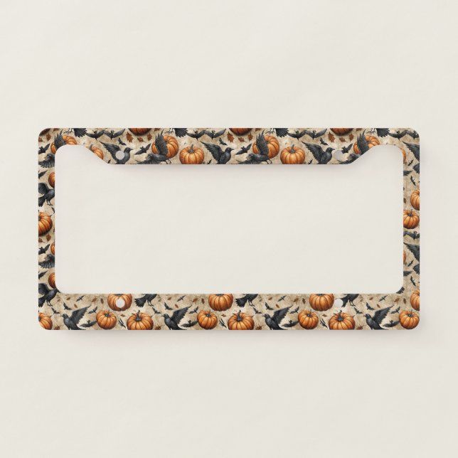 Pumpkins, Crows, and Bats Halloween Pattern License Plate Frame (Front)