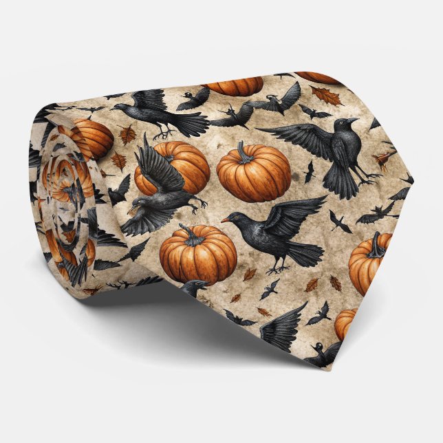 Pumpkins, Crows, and Bats Halloween Pattern Neck Tie (Rolled)