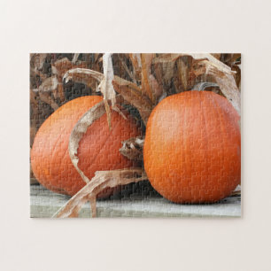 Pumpkins Dried Corn Stalks Autumn Jigsaw Puzzle