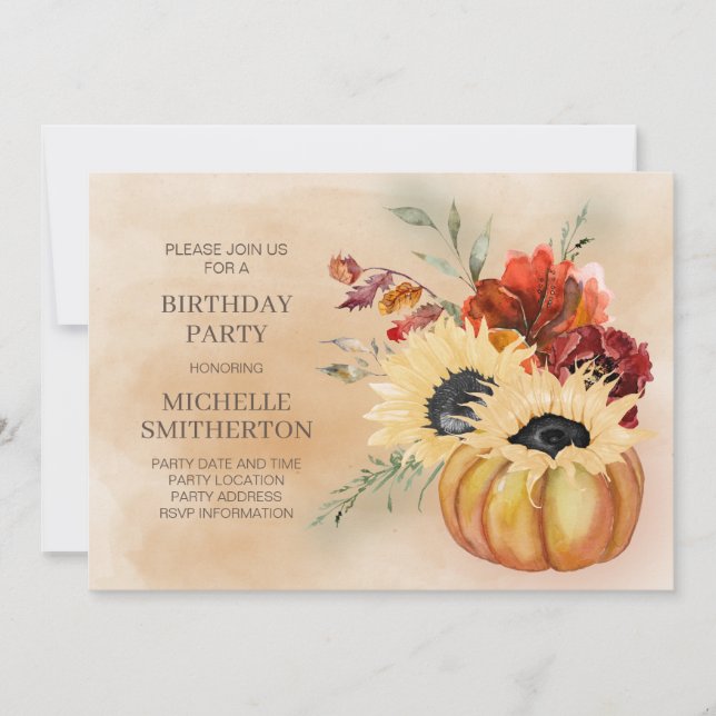 Pumpkins Fall Autumn Floral Flowers Birthday Party Invitation (Front)