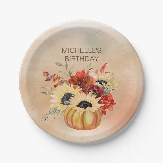 Pumpkins Fall Autumn Floral Flowers Birthday Party Paper Plates (Front)