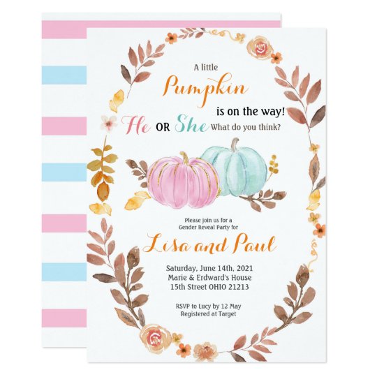 Pumpkins Fall Gender Reveal Pink Blue Invitation | Zazzle.com