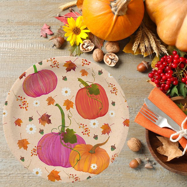  Pumpkins Fall Leaves Paper Plates (Thanksgiving Fall Pumpkins Paper Plates. In a beautiful festive pattern.)