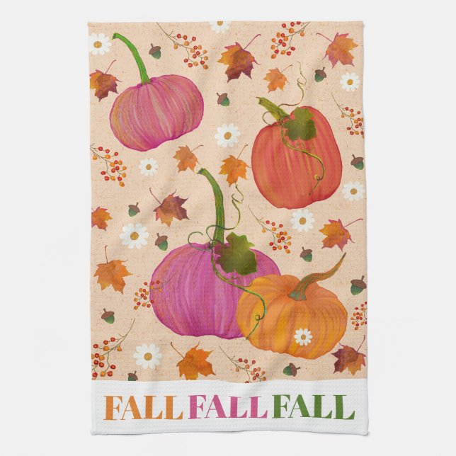  Pumpkins Fall Leaves Pattern Kitchen Towel (Vertical)