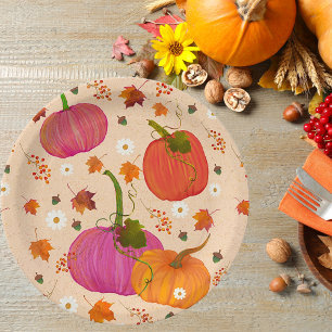 Pumpkins Fall Leaves Pattern Paper Plates