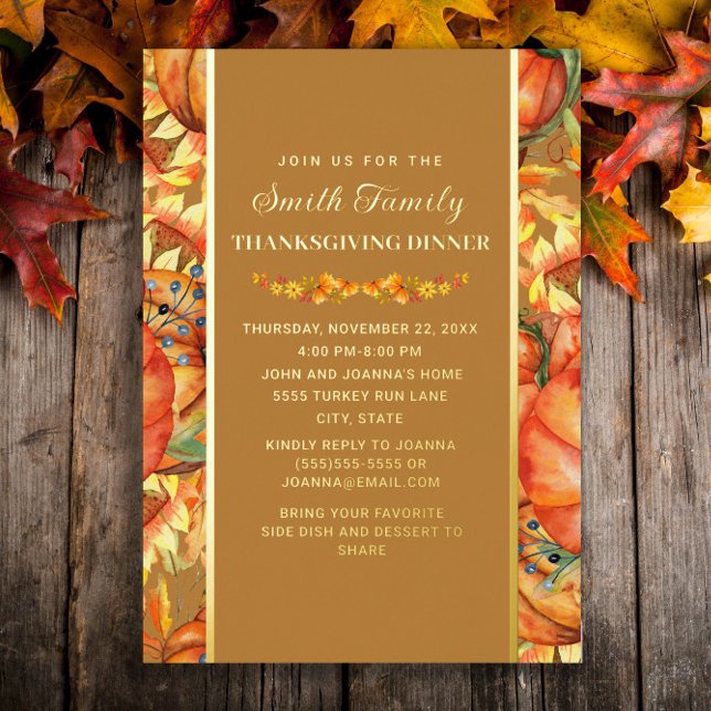Pumpkins Fall Leaves Thanksgiving Dinner Foil Invitation (Elegant gold foil Thanksgiving Dinner invitation)