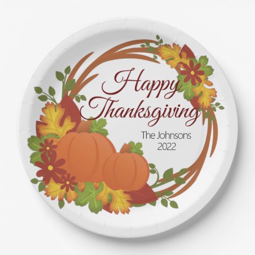 Pumpkins Fall Leaves Wreath Happy Thanksgiving Paper Plates