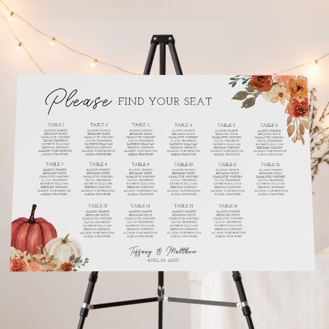 Pumpkins Fall Wedding 16 Table Seating Chart Foam Board (In Situ (Stand))