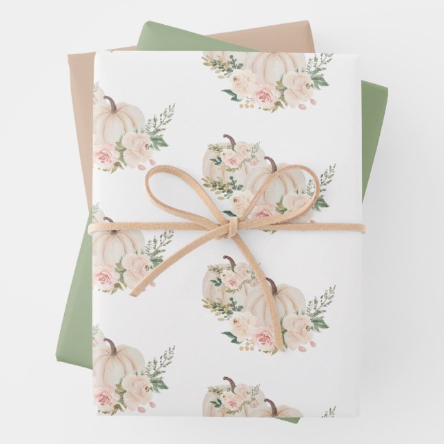 Pumpkins Floral Fall Beige Sage Wrapping Paper Sheets (In situ)