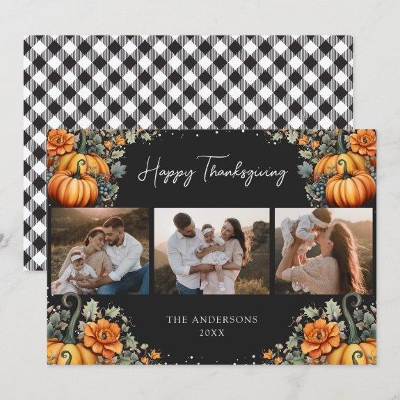 Pumpkins Floral Photo Happy Thanksgiving Cards