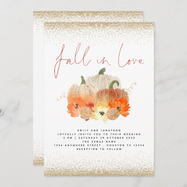 Pumpkins Florals Gold Glitter Fall in Love Wedding Invitation (Front/Back)
