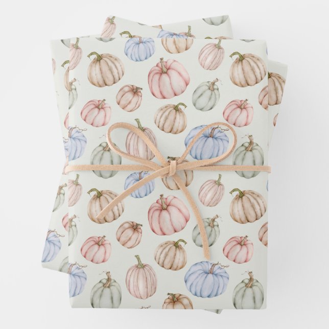 Pumpkins Gender Neutral Fall Baby Shower Wrapping Paper Sheets (In situ)