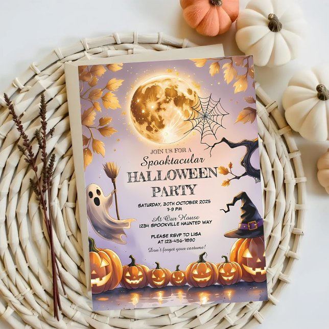 Pumpkins, Ghost & Full Moon Spooky Halloween Party Invitation (Creator Uploaded)