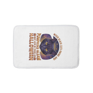 Pumpkins Gleam Halloween Black Cat Falling Leaves_ Bath Mat