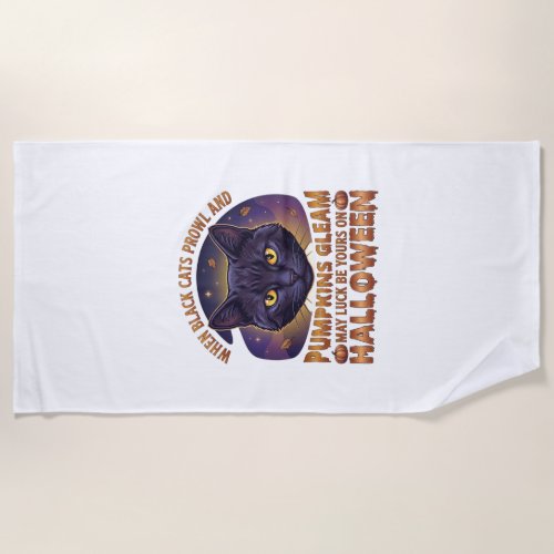 Pumpkins Gleam Halloween Black Cat Falling Leaves_ Beach Towel
