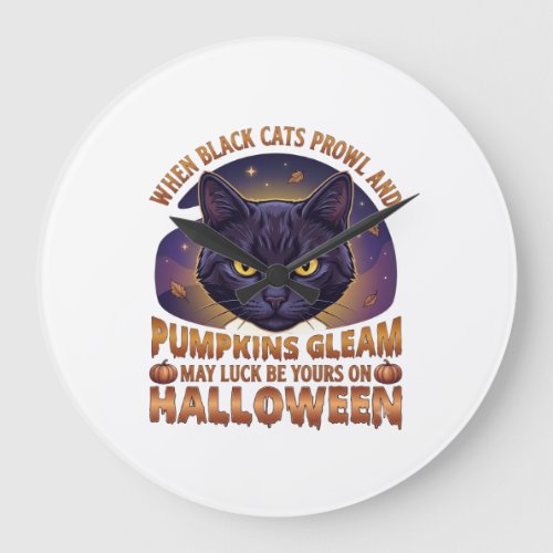 Pumpkins Gleam Halloween Black Cat Falling Leaves_ Large Clock