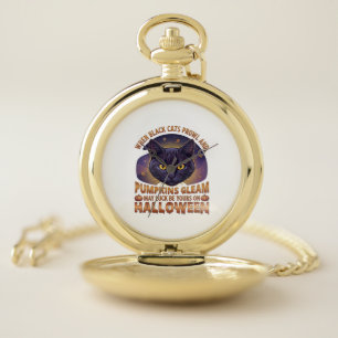 Pumpkins Gleam Halloween Black Cat Falling Leaves_ Pocket Watch