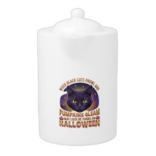Pumpkins Gleam Halloween Black Cat Falling Leaves_ Teapot