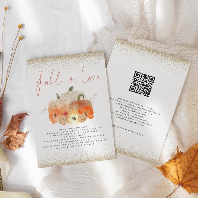 Pumpkins Gold Glitter QR Code Fall in Love Wedding Invitation (Creator Uploaded)