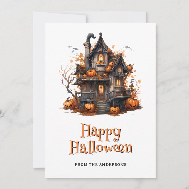 Pumpkins Haunted House Ghost Halloween Card (Front)