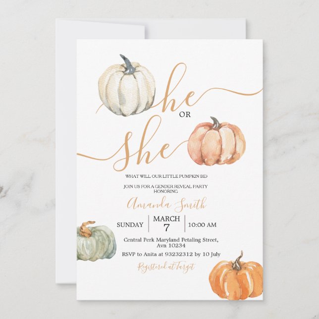 Pumpkins He or She Minimalist Gender Reveal Party Invitation (Front)