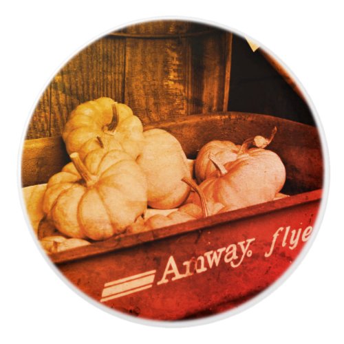 Pumpkins In Old Wagon In Sepia Vintage Distressed Ceramic Knob