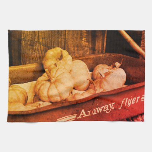 Pumpkins In Old Wagon In Sepia Vintage Distressed Kitchen Towel