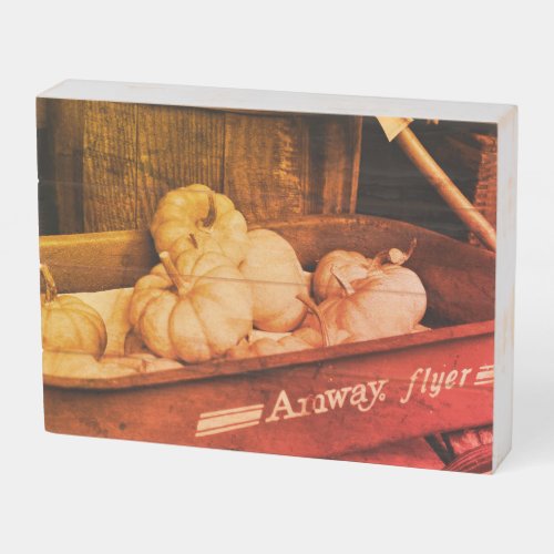 Pumpkins In Old Wagon In Sepia Vintage Distressed Wooden Box Sign