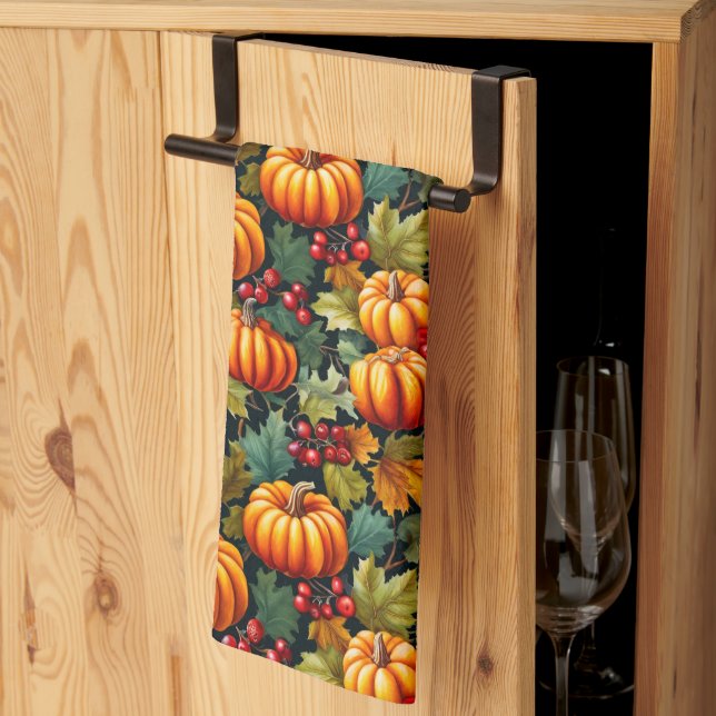 Pumpkins in the Leaves with Berries Kitchen Towel (Thirds Fold)