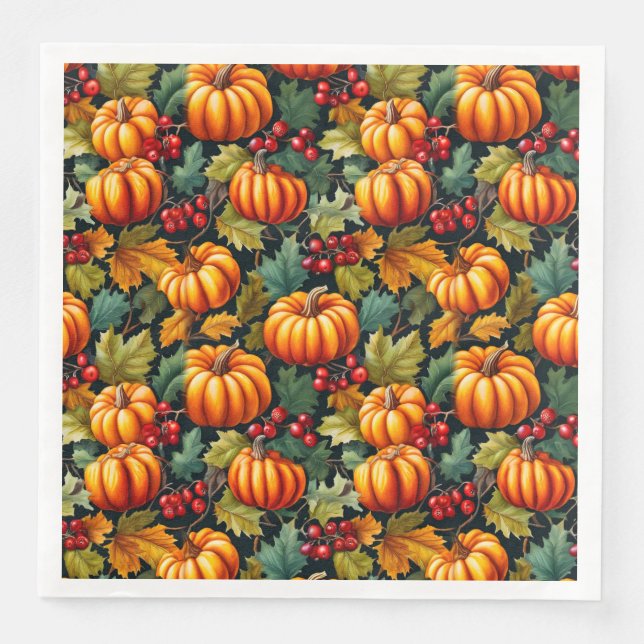 Pumpkins in the Leaves with Berries Paper Dinner Napkins (Front)