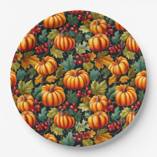 Pumpkins in the Leaves with Berries Paper Plates
