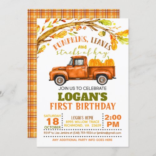 Pumpkins Leaves and Stacks of Hay Birthday Invitation