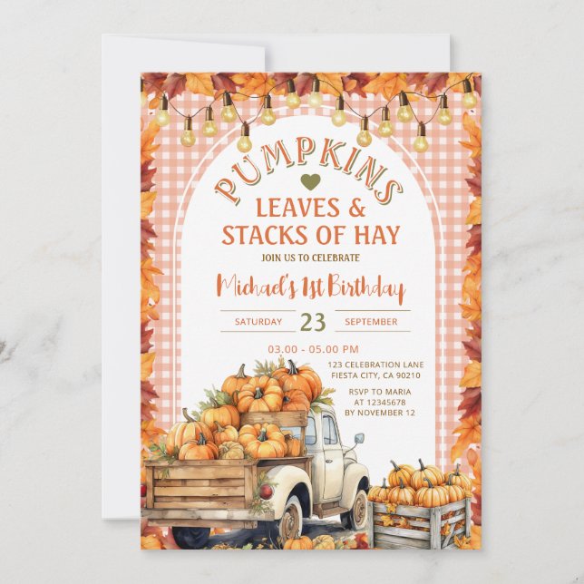 Pumpkins Leaves and Stacks of Hay Fall Birthday Invitation (Front)