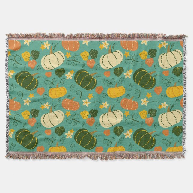 Pumpkins, leaves: autumn vegetable pattern throw blanket (Front)