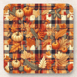 Pumpkins Maple Leaves Autumn Plaids  Beverage Coaster