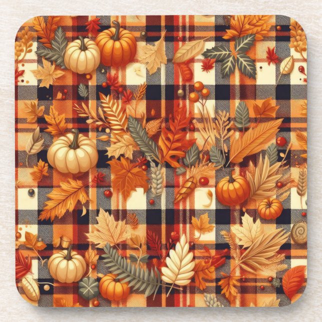 Pumpkins Maple Leaves Autumn Plaids  Beverage Coaster (Front)